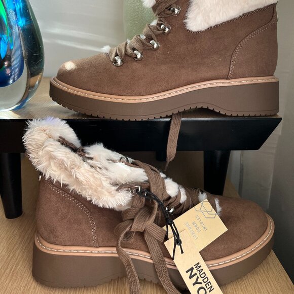 BNWT Madden NYC Faux Fur Cuff Lace Up Booties (8) in coffee tan / cream lining - Picture 8 of 10